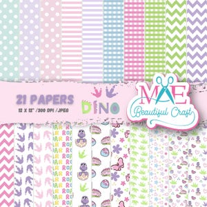 Puede incluir: Una colección de 21 papeles estampados en colores pastel, incluyendo lunares, rayas y diseños de chevron. Los papeles presentan un tema de dinosaurios con la palabra "Dino". Cada papel mide 30,48 cm x 30,48 cm.