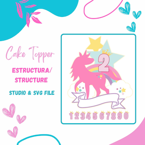 May include: Pink unicorn cake topper with the number 2, rainbow, and stars. Includes the text "Cake Topper", "ESTRUCTURA/STRUCTURE", and "STUDIO & SVG FILE". Numbers 1-0 are at the bottom.