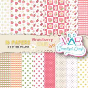 Puede incluir: Una colección de 16 papeles estampados con temática de verano de fresas. Los diseños incluyen fresas, margaritas, helados, cuadros vichy y lunares en rosa, verde y amarillo. Cada papel mide 30,48 x 30,48 cm.