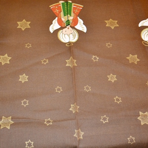 Vintage Christmas tablecloth brown/white 70s centerpiece Christmas Tablecloth Retro Mid Century Santa candles hearts