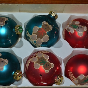 6 boules de Noël colorées vintage, boules en verre, ours en peluche, ours en peluche rétro des années 70, Père Noël, milieu du siècle