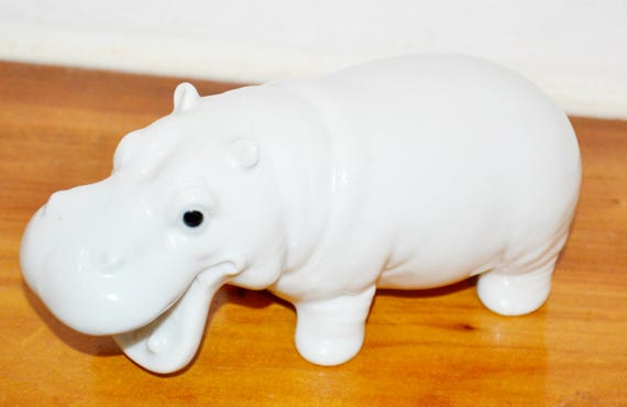 1970s Vintage Porcelain Figurine Hippopotamus White Retro Mid