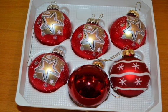 Lot de 12 boules de Noël (D80 mm) en verre Etoiles Santa Rouge - Boule et déco de sapin