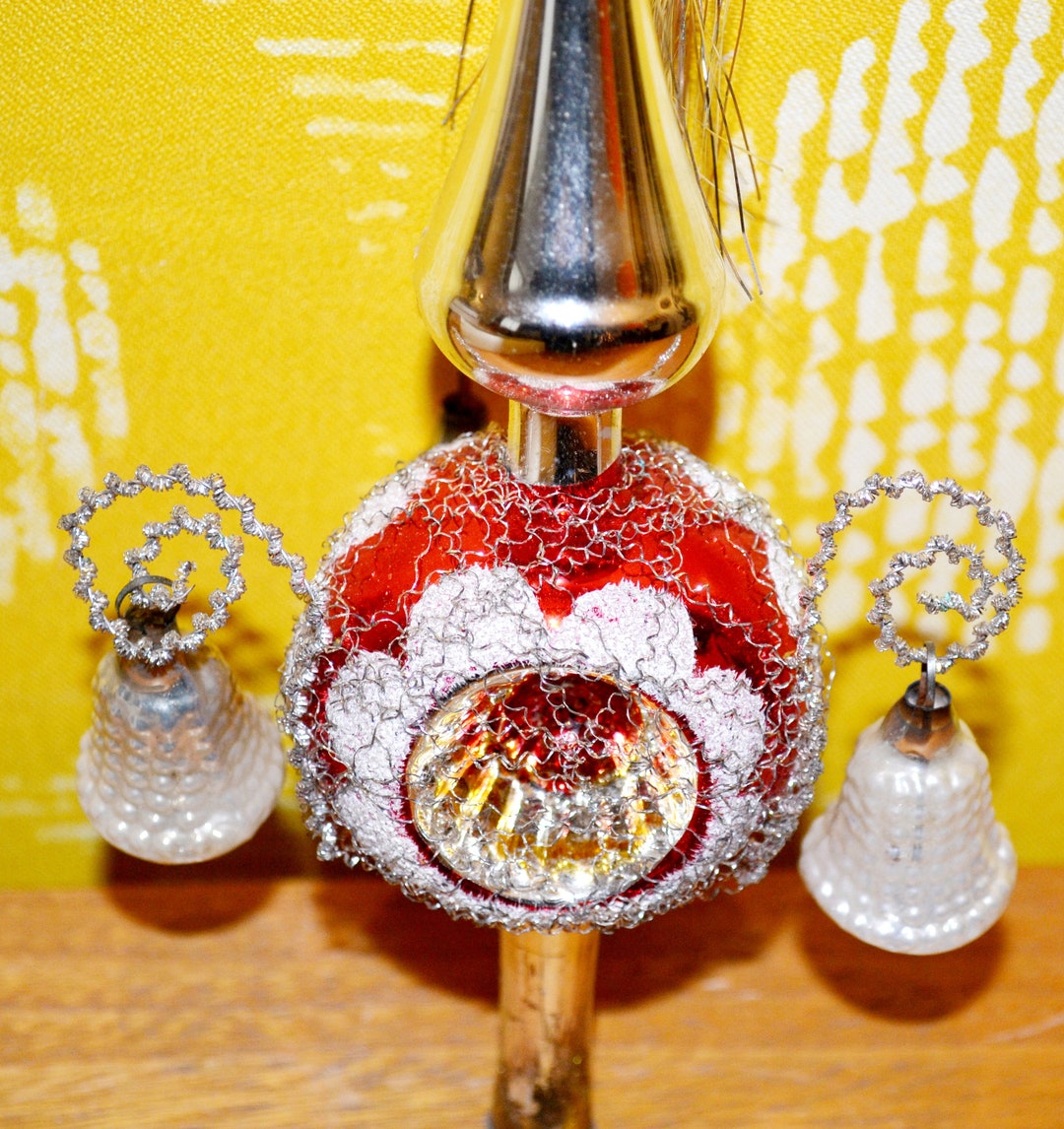 Vintage Christmas Tree Topper Glass 50s Silver Red Tree Topper Retro Christmas Santa Mid Century