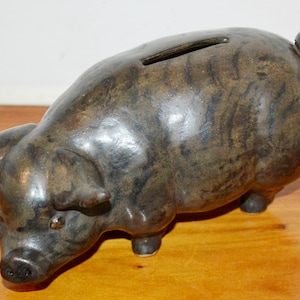 Small vintage piggy bank ceramic money box black/grey 70s retro mid century shabby chic country style
