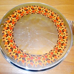 Vintage cake plate, stainless steel, silver/orange, 1970s retro, mid-century modern, shabby chic, country style.