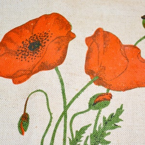 May include: A close-up of a fabric with a printed design of red poppies with green stems and leaves.