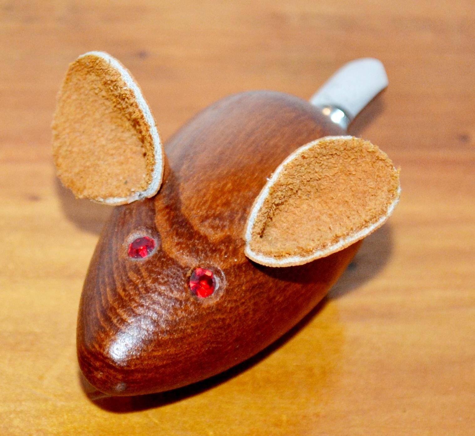 Vintage Teak Wood Figurine Bottle Opener Mouse With Red Eyes