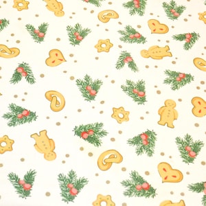 May include: A repeating pattern of festive elements on a white background. The design includes gingerbread men, star-shaped cookies, heart-shaped cookies, and pretzel-shaped cookies. Sprigs of evergreen with red berries and small brown dots complete the holiday theme.