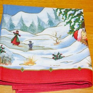 Vintage Christmas tablecloth blue/white 70s centerpiece Christmas Tablecloth Retro Mid Century Santa candles hearts