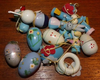Vintage wooden EASTER 16 figures pastel blue light blue Easter bush decoration bunny eggs chicks gift tags Easter eggs retro Erzgebirge