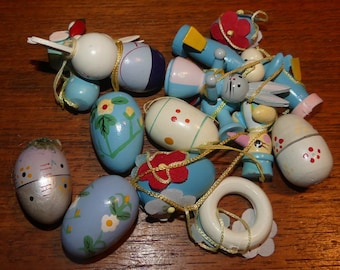 Vintage wooden EASTER 16 figures pastel blue light blue Easter bush decorations bunny eggs chicks gift tags Easter eggs retro Erzgebirge