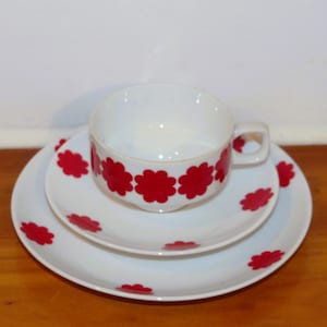 70s Vintage Porcelain Tableware Tea Place Setting + Cake Plate Seventies Decor Red Flower Eschenbach Teacup Saucer Plate Set