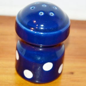 May include: A dark blue ceramic salt shaker in a mushroom shape. The top has small holes, and the body is decorated with white polka dots. A decorative kitchen item.
