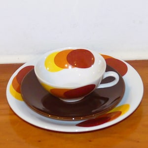 70s vintage porcelain tableware tea place setting with plate decor brown orange yellow Seltmann Weiden tea cup saucer cake plate set