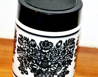 Beautiful vintage opal glass lidded jar, 1970s white/black, retro mid-century shabby chic country style
