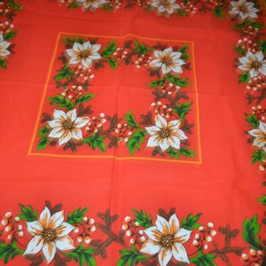 Vintage Christmas tablecloth red 70s centerpiece 86x90 retro Christmas table decoration