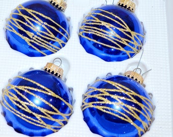 4x schöne  große  Vintage Glas  Weihnachtskugeln Blau/Gold  50er JAHRE    Retro  Christmas Santa Mid Century Shabby Chic Landhausstil