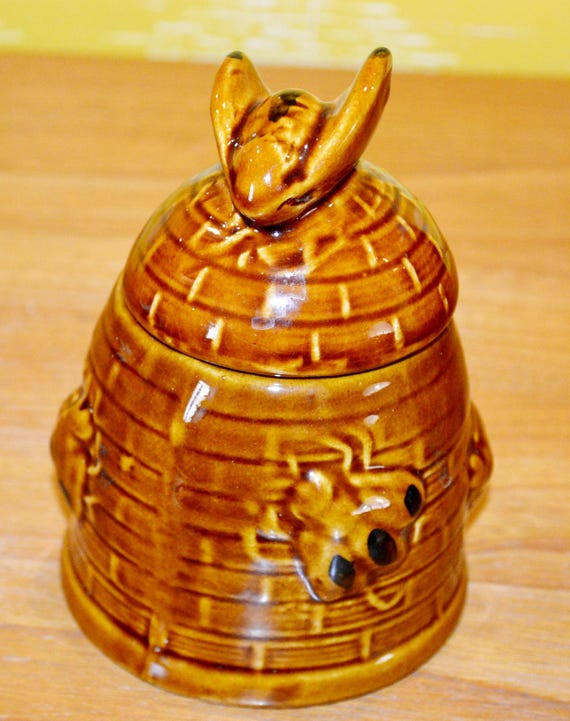 美しいヴィンテージの陶器の蓋付き瓶/ハニーポット、ブラウン/イエロー