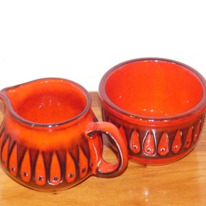 70s Vintage Jasba Ceramic Tableware Milk & Sugar Set Stoneware Red Black Design 60s West German Pottery Fire Red Milk Jug