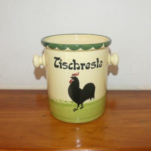 Vajilla vintage Hahn&Henne CUBO DE BASURA DE MESA Gallo y gallina de cerámica Zeller Kip Haan nostalgia retro restos de mesa verde Logotipo de Zell