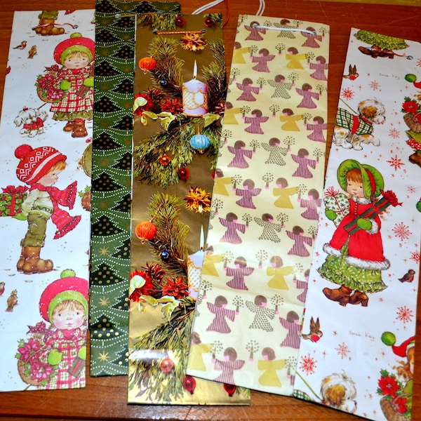 Lot de 5 magnifiques sacs cadeaux de Noël vintage Sarah Kay, style années 70, rétro, Père Noël, ambiance shabby chic givrée