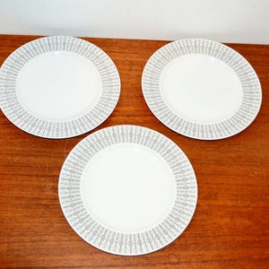 May include: Three white ceramic plates with a grey geometric border design. The plates are arranged on a wooden surface. The plates are a simple, elegant design, suitable for everyday use or special occasions.