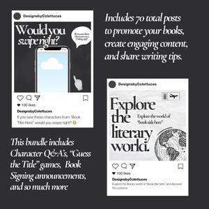 May include: Two Instagram posts promoting a bundle of 70 social media posts for authors. The first post features a cartoon-style image of a phone screen with a cloud and a hand swiping right. The text reads "Would you swipe right?" and "This bundle includes Character Q&A's, "Guess the Title" games, Book Signing announcements, and so much more." The second post features a black and white illustration of a globe with the text "Explore the literary world." The text also includes "Includes 70 total posts to promote your books, create engaging content, and share writing tips."