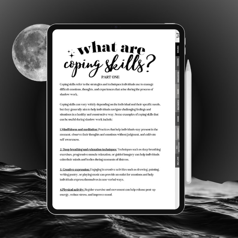 May include: A digital tablet displaying a page with the title "What are coping skills?" and a list of four coping skills: mindfulness and meditation, deep breathing and relaxation techniques, creative expression, and physical activity. The page is part one of a larger document.