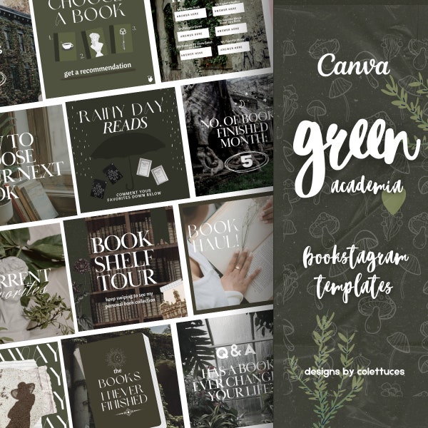 Green Academia Bookstagram Template Bundle, Bookstagram Posts, Stories, and Highlight Covers  Bookish Canva Templates for Instagram