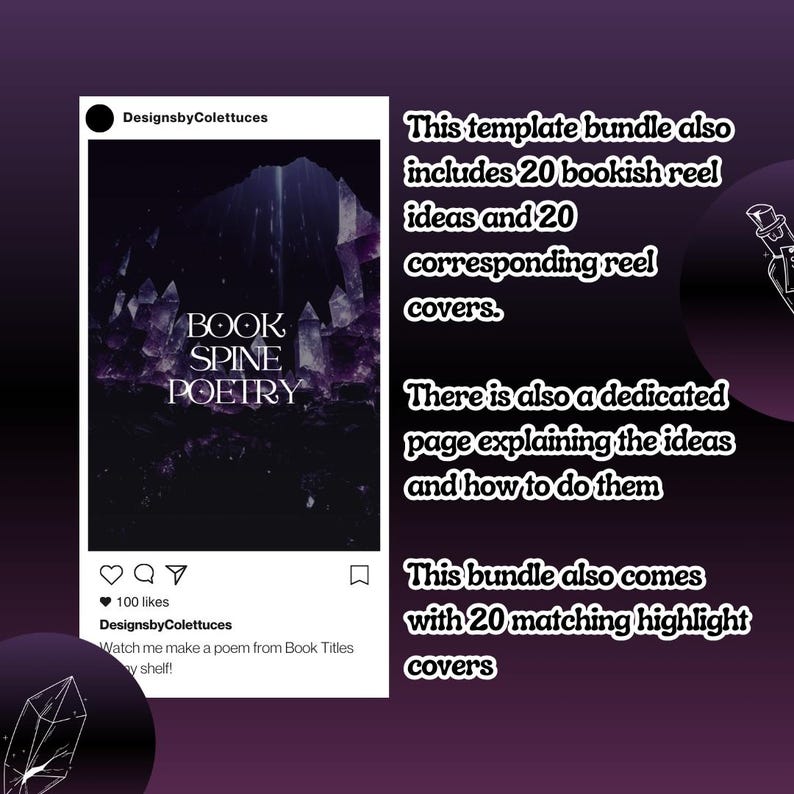 May include: Instagram post with a purple and black background featuring the text "BOOK SPINE POETRY". The post is from the account "DesignsbyColettuces" and includes the text "Watch me make a poem from Book Titles on my shelf!"