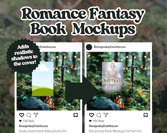 Może przedstawiać: Dwa posty na Instagramie prezentujące makiety książek do romansów fantasy. Pierwszy post pokazuje okładkę książki z zielonym krajobrazem i mieczem. Drugi post pokazuje okładkę książki z kobietą w białej sukni i mieczem. Oba posty zawierają tekst "DesignsbyColettuces" i "100 polubień".