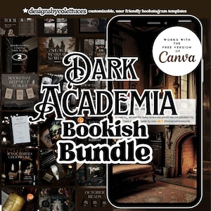 Może przedstawiać: Makieta produktu cyfrowego przedstawiająca telefon z projektem "Dark Academia Bookish Bundle". Projekt zawiera okładki książek, tekst i logo Canva. Ogólna estetyka jest mroczna i vintage, z naciskiem na treści związane z książkami.