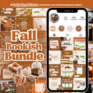May include: A digital product bundle with a fall theme, featuring Instagram templates. The design includes stacks of books, pumpkins, and the text "Fall Bookish Bundle." The color palette is warm, with shades of brown and orange.