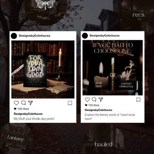 Puede incluir: Dos publicaciones de Instagram con tem&aacute;tica de libros. La primera muestra un libro titulado "FOR YOUR OWN GOOD" de Samantha Downing. La segunda pregunta "IF YOU HAD TO CHOOSE ONE: slow burn OR instant chemistry?" Ambas publicaciones incluyen una vela.