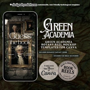 以下が含まれることがあります： 「Green Academia」をテーマにした、Instagramリール用のデジタルモックアップテンプレート。デザインには、「Guess the book」ゲームを表示するスマートフォンが含まれており、テキストとグラフィックが使用されています。追加のテキストは、テンプレートがCanvaと互換性があることを宣伝しています。