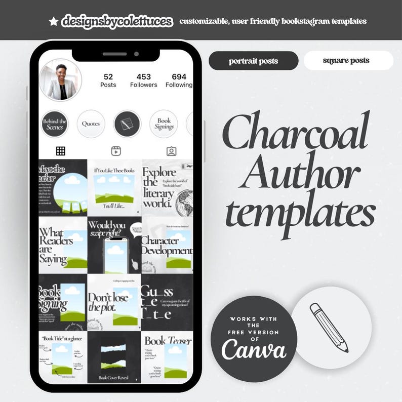 May include: A set of customizable Instagram templates for authors, featuring a charcoal color scheme and a variety of design elements, including text boxes, images, and icons. The templates are designed to be used with the free version of Canva.