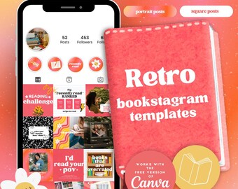 May include: A pink and white phone screen displaying a grid of nine images with book-related content. The images are in a retro style with bold text and bright colors. The phone screen is surrounded by a pink and white background with the text "Retro bookstagram templates" and "Works with the free version of Canva".