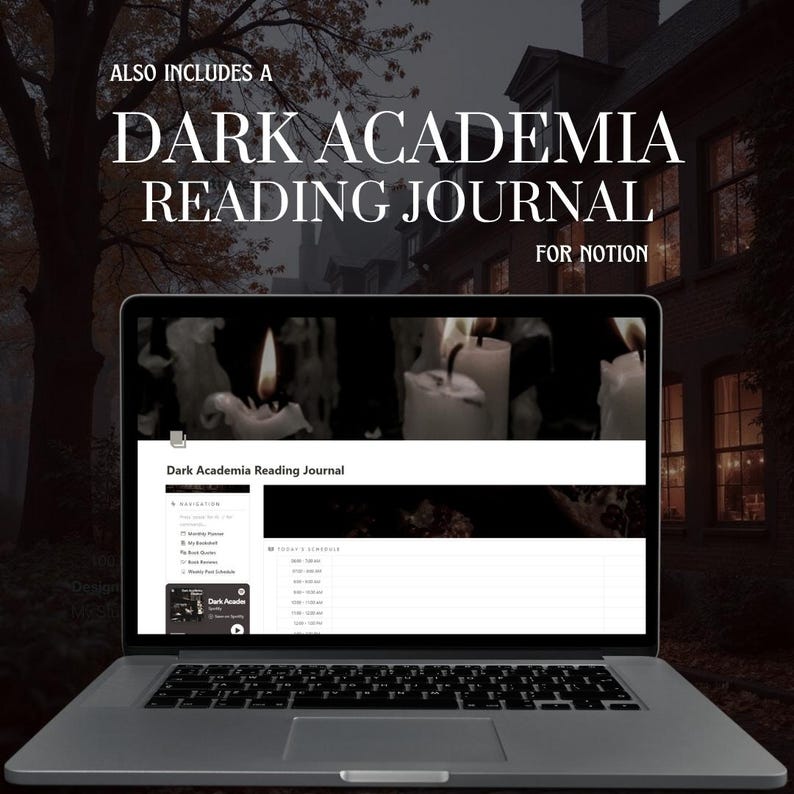 Puede incluir: Un port&aacute;til que muestra una interfaz de "Dark Academia Reading Journal". La pantalla muestra un horario y opciones de navegaci&oacute;n. El texto "Also Includes A Dark Academia Reading Journal For Notion" se muestra encima del port&aacute;til.
