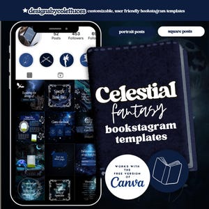 May include: A blue and white graphic design for bookstagram templates with the text "Celestial fantasy bookstagram templates" and "Works with the free version of Canva".
