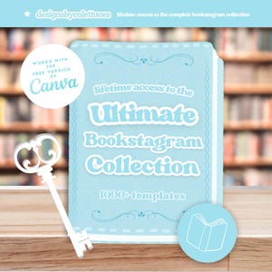 Puede incluir: Un gráfico azul y blanco con el texto "acceso de por vida a la colección definitiva de Bookstagram 1000+ plantillas" y un icono de llave. El gráfico está diseñado para parecerse a una portada de libro.