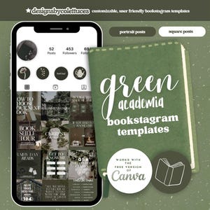 Paquete de plantillas Bookstagram de Green Academia, publicaciones, historias y portadas destacadas de Bookstagram Plantillas Bookish Canva, calcomanías Bookstagram