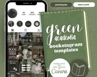 Green Academia Bookstagram Canva Templates: Posts, Stories, Highlight Covers (Digital Download)