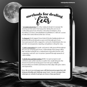 May include: A digital illustration of a page from a journal with the title "Methods for Dealing with Fear". The page contains eight tips for managing anxiety and fear, including coping strategies, seeking support, self-compassion, and reflection.