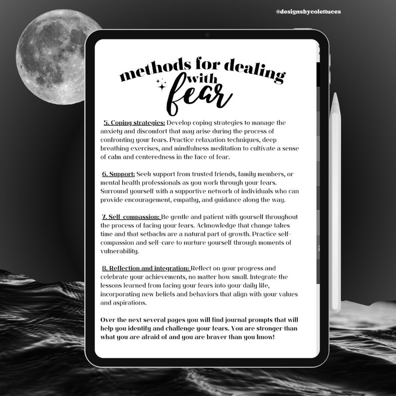 May include: A digital illustration of a page from a journal with the title "Methods for Dealing with Fear". The page contains eight tips for managing anxiety and fear, including coping strategies, seeking support, self-compassion, and reflection.
