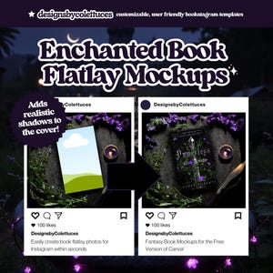 Op de afbeelding: Twee Instagram-postmockups die laten zien hoe je boek-flatlays kunt maken. De eerste mockup toont een boekomslag met een witte wolk en groene heuvels. De tweede mockup toont een boekomslag met de titel "Powerless" van Lauren Roberts. Beide mockups hebben een donkere achtergrond met kaarsen en bloemen.