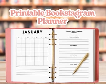 May include: A pink and white printable bookstagram planner with a calendar for January and sections for goals, planning, and content themes. The planner is open to a page with a pen on it.