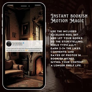 Puede incluir: Una captura de pantalla de un smartphone muestra una publicaci&oacute;n en redes sociales que promociona "Instant Bookish Motion Magic". La publicaci&oacute;n destaca un conjunto de carretes sin rostro para contar historias, prometiendo m&aacute;s me gusta, comentarios y guardados.