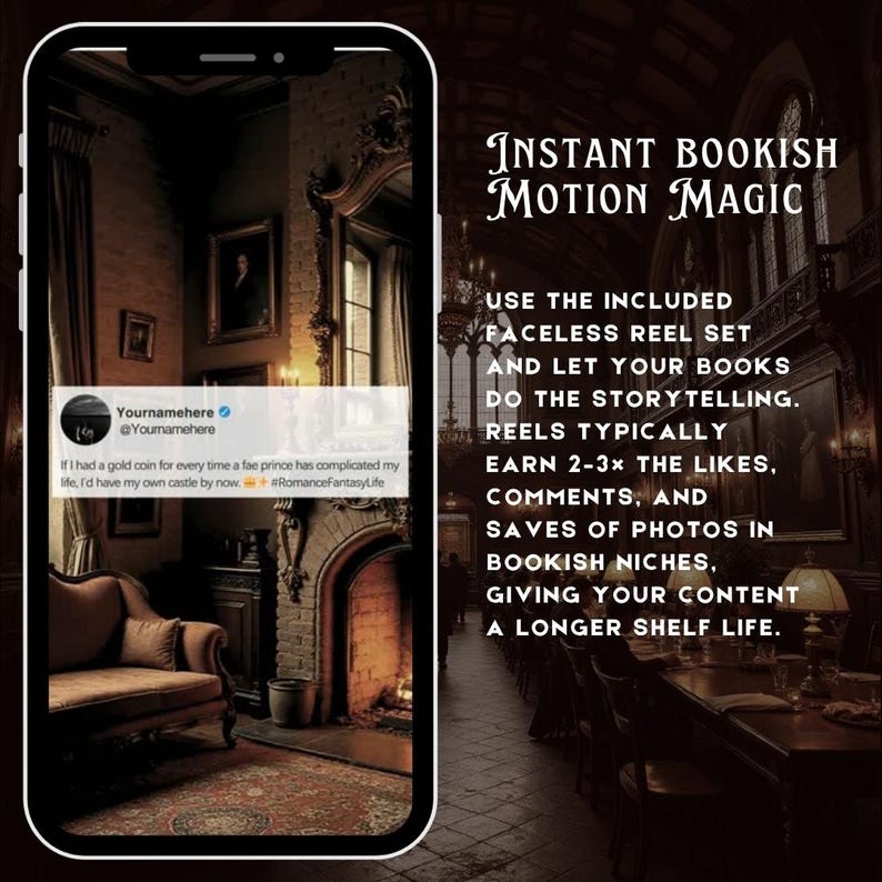 Puede incluir: Una captura de pantalla de un smartphone muestra una publicaci&oacute;n en redes sociales que promociona "Instant Bookish Motion Magic". La publicaci&oacute;n destaca un conjunto de carretes sin rostro para contar historias, prometiendo m&aacute;s me gusta, comentarios y guardados.