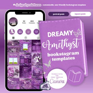 Peut inclure: Modèles de bookstagram violets et blancs sur le thème de l'améthyste rêveuse. Les modèles sont personnalisables et conviviaux. Ils fonctionnent avec la version gratuite de Canva. L'image montre l'écran d'un téléphone avec une grille de 12 publications bookstagram et un carré violet avec le texte "DREAMY Amethyst bookstagram templates".